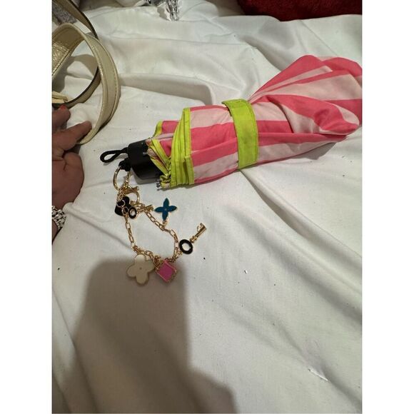 Victoria's secret VS signature stripe w/neon green trim & wristlet chain - Picture 9 of 10